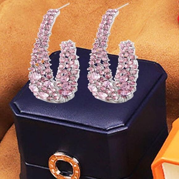 18k White Gold and 925 Sterling Silver with Pink Sapphire Crystal Hoop Earrings - Picture 2 of 5